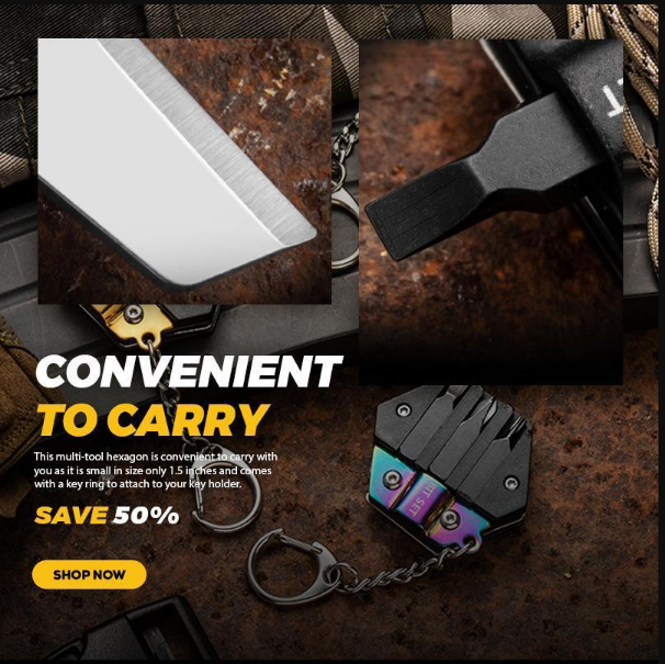 Innovatieve multifunctionele sleutelhanger tool van RVS met diverse handige functies; altijd klaar.