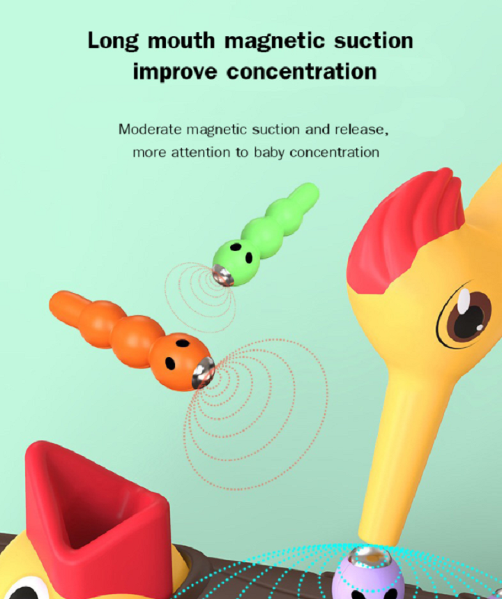 Levendig spechtspel speelgoed met magnetische specht en tientallen wormen, ideaal voor jonge kinderen.