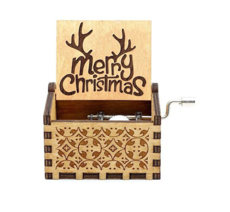 Schattige houten muziekdoos, leuk speelgoed voor kinderen en decoratie voor de winter.