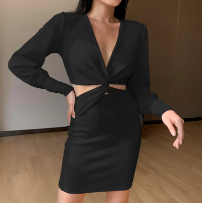 Elegante zwarte dames formele jurk met stijlvolle pofmouwen, perfect voor avond of feest.