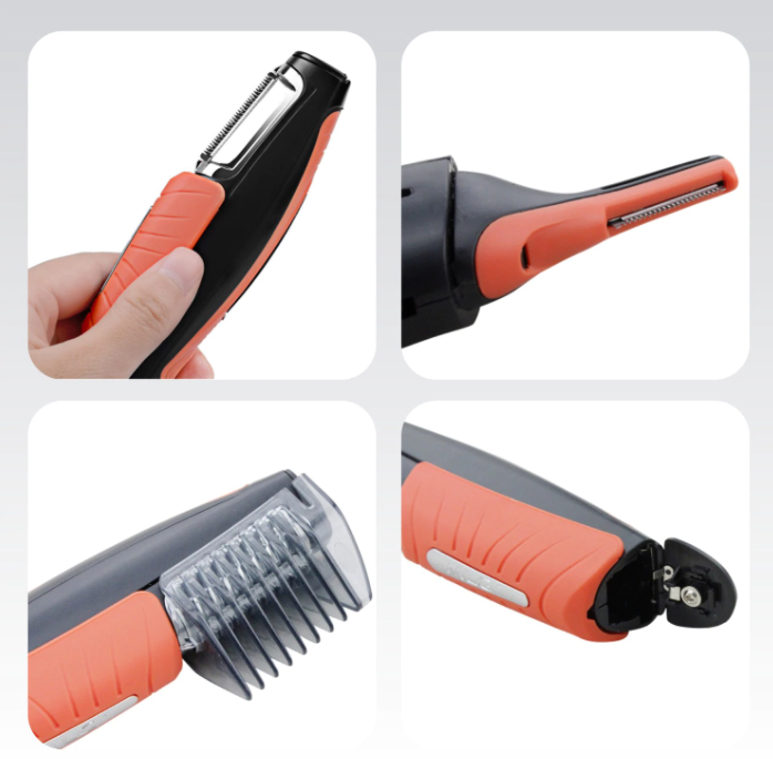 Pijnloze elektrische precisietrimmer voor neus-, oor- en wenkbrauwhaar. Strak design voor nauwkeurige verzorging.