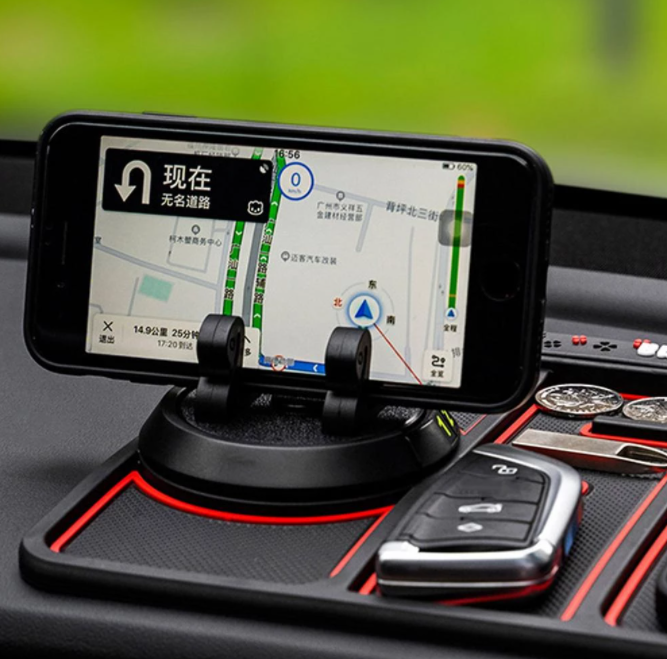 Universele auto telefoonhouder met antislip pad, perfect voor veilige plaatsing van je mobiel op het dashboard.