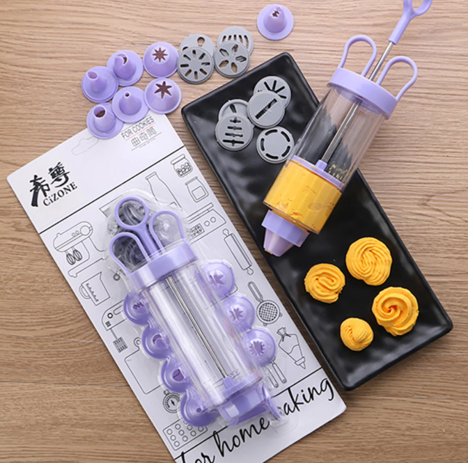 Multifunctionele koekjespers set voor perfecte koekjes, taartdecoratie en cupcake versieringen.