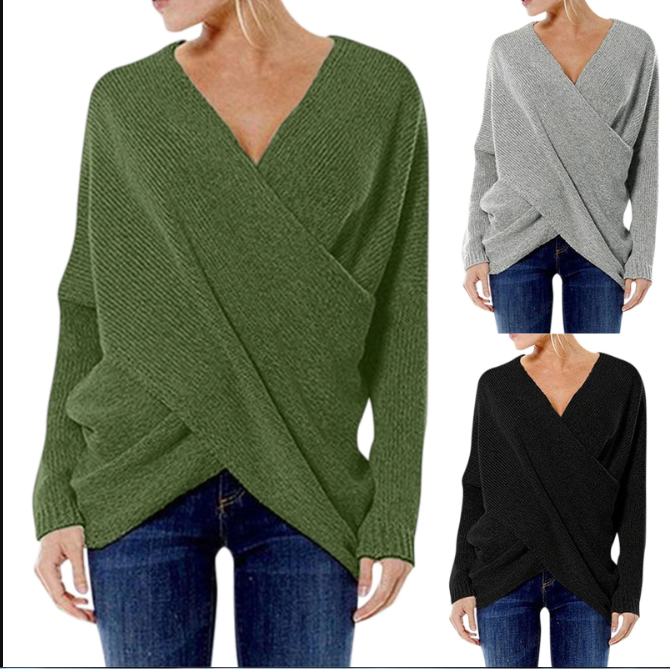 Trendy groene damestop: Criss Cross trui met V-hals, lange mouw. Comfortabele en stijlvolle lente mode.