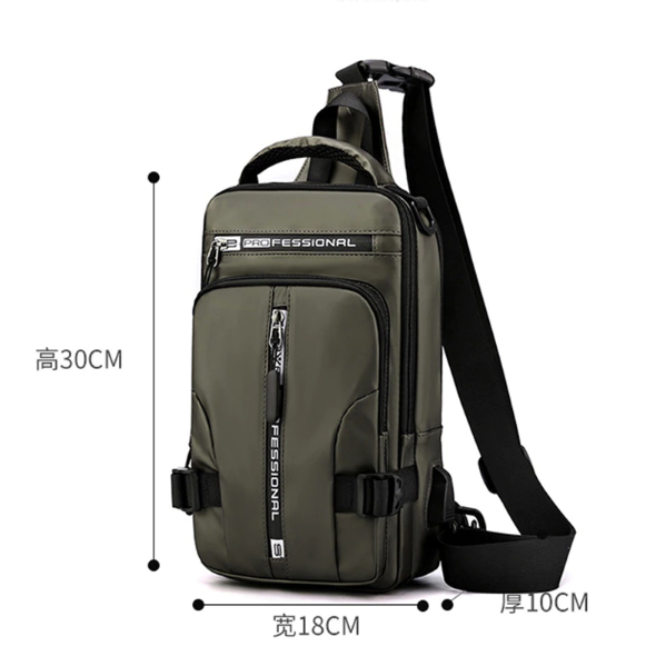 Ergonomische heren slingbag met verstelbare schouderriem, waterbestendig nylon en USB laadpoort. Ideaal voor reizen.