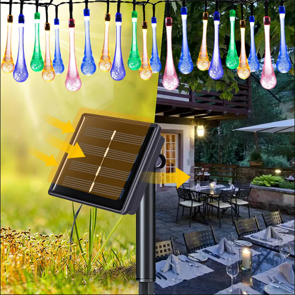 Energiezuinige LED druppel solar lichtketting met waterdichte zonne-energie voor buitendecoratie en feestjes.