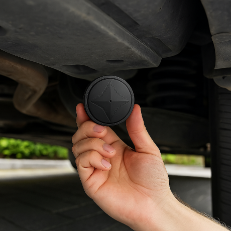 Compacte Mayer GPS tracker toont sterke magnetische bevestiging, ideaal voor discrete plaatsing onder voertuigen.