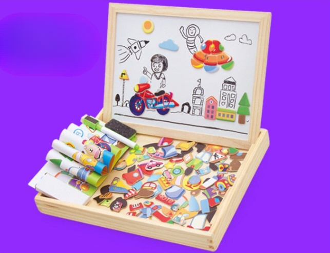 Kinderen leren en creëren met dit educatieve magnetspel. Houten puzzel en tekenbord voor leuke ontwikkeling.