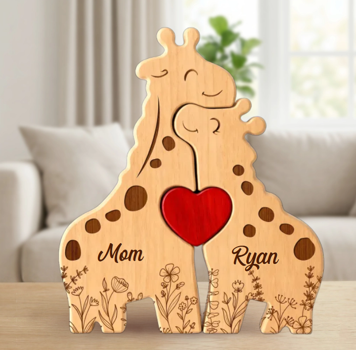 Gepersonaliseerde houten giraffe, puzzelstukken met namen, speciaal cadeau voor dierbaren.