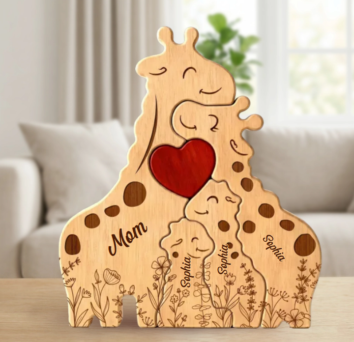Prachtig houten giraffe cadeau voor mama of oma, handgemaakte kunst met een persoonlijke touch.