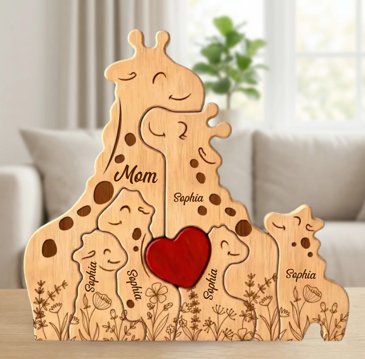 Natuurlijke houten giraffe puzzel, duurzaam en esthetisch, voor een warme sfeer in huis.