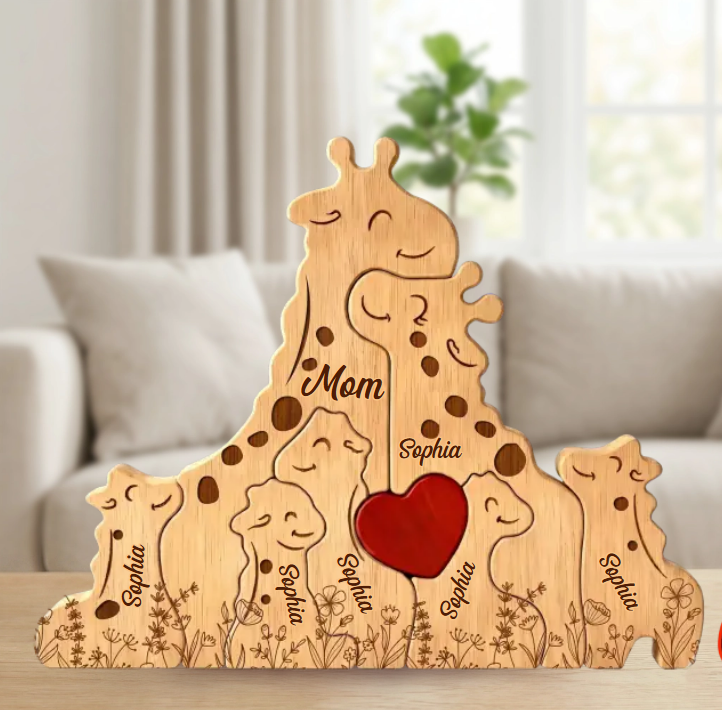 Houten giraffe puzzel, symbool van verbinding. Een persoonlijk cadeau dat harten raakt.
