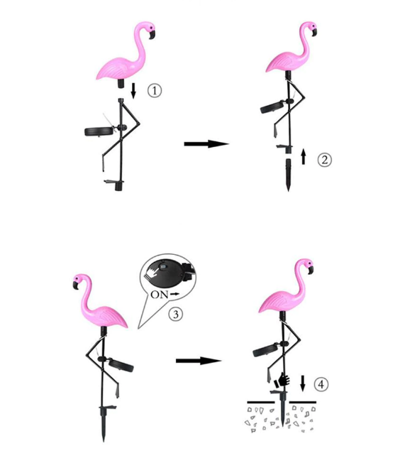 Roze LED solar flamingo tuinlamp geplaatst in een tuin, vrolijke en energiezuinige tuindecoratie.