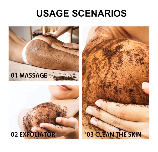 Dichte textuur van koffie body scrub op de huid; verwijdert dode cellen, maakt glad en bevordert huidvernieuwing.