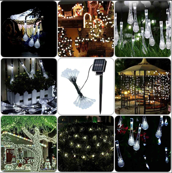 Decoratieve druppelvormige solar lichtketting, ideaal voor balkonverlichting en sfeervolle tuindecoratie.