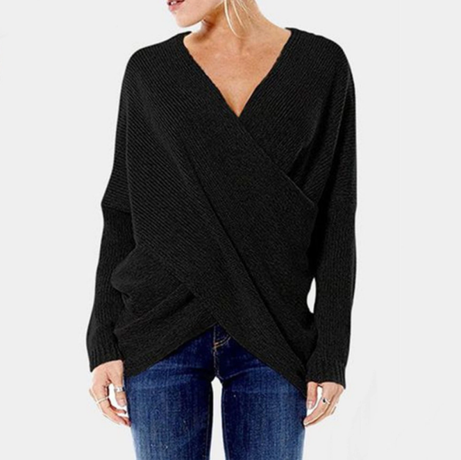 Dames Criss Cross trui in zwart, met moderne V-hals. Elegante look voor casual of geklede outfits.