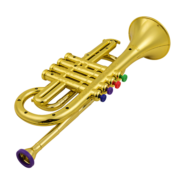 Lachend kind speelt op een robuuste kinder trompet, bevordert vingercoördinatie en muzikale ontwikkeling.
