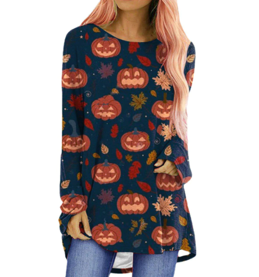 Unisex T-shirt met herfstthema print, comfortabel voor casual Halloween look.