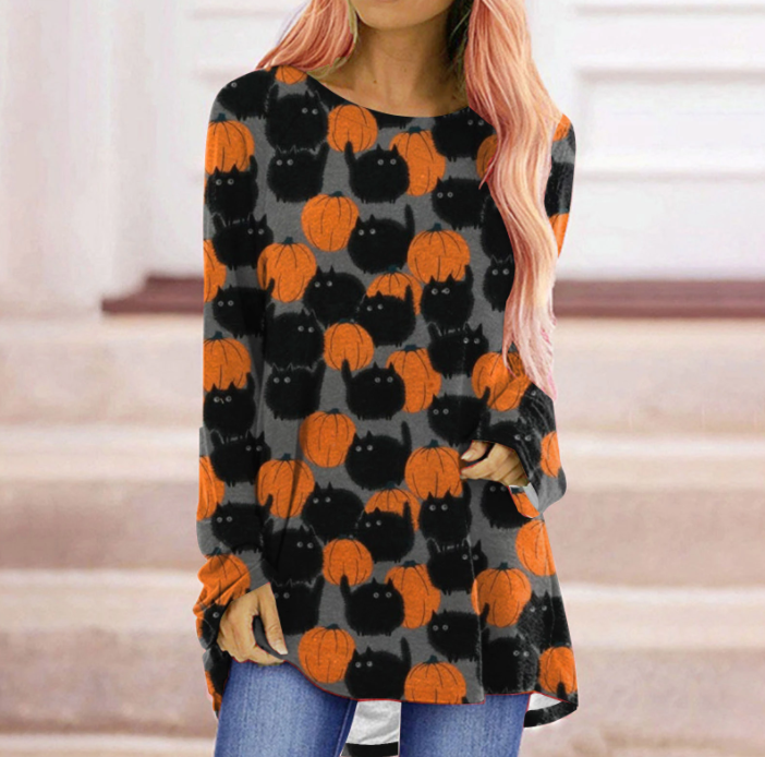 Lange mouwen T-shirt, unisex en comfortabel, met vrolijke Halloween/herfstprint.