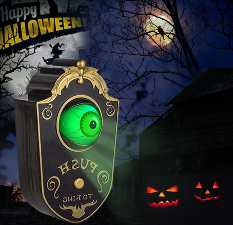 Weerbestendige Halloween decoratie: een griezelige oogbol deurbel die licht geeft en geluid maakt.