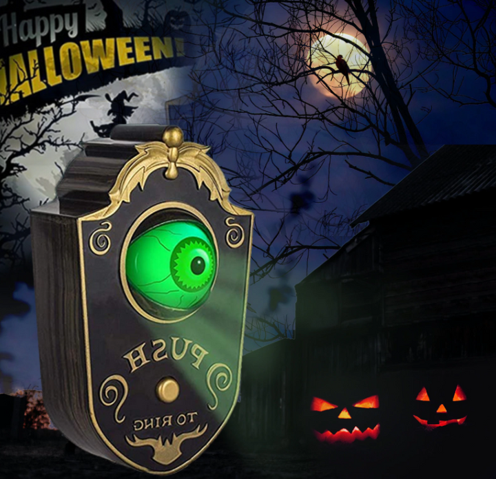 Weerbestendige Halloween decoratie: een griezelige oogbol deurbel die licht geeft en geluid maakt.