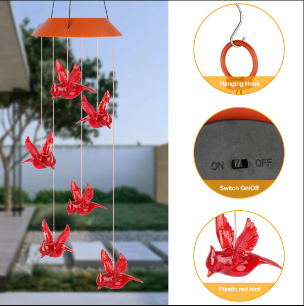 Origineel cadeau: vogel zonne-energie windgong als sfeervolle buitenverlichting en unieke decoratie.