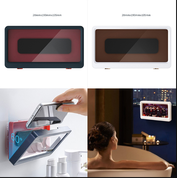 Zwarte waterdichte telefoonhouder in de keuken. Handig voor recepten tijdens het koken. Universele muurbevestiging.