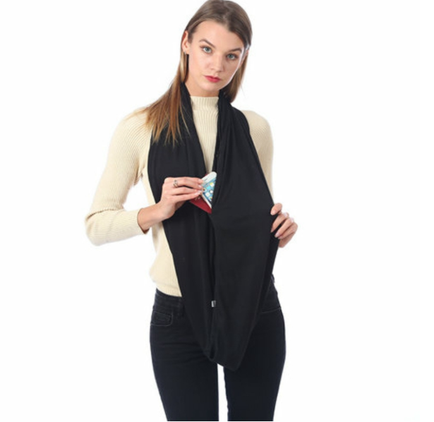 Dames infinity sjaal van polyester, inclusief discrete opbergzak voor telefoon of sleutels, warm en stijlvol.