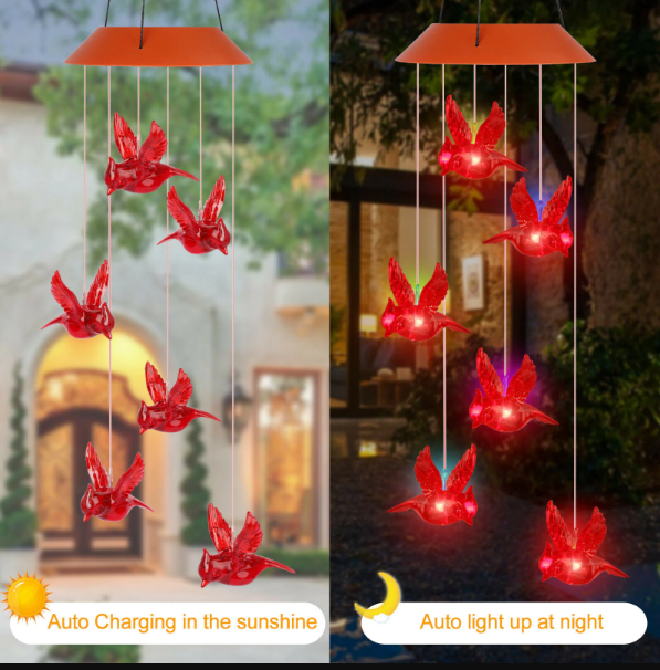Hangende vogel windgong met zonne-energie, mooie tuindecoratie voor terras, balkon of boom.