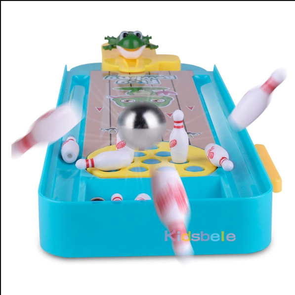 Compact minibowlingspel met kleurrijke pins en bal, een compleet kinderspel voor elk moment.