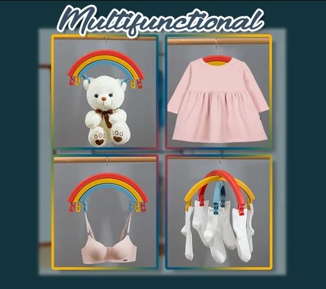 Kleurrijke regenboog kledinghanger; multifunctioneel design verbetert kledingopslag en maximaliseert garderobe ruimte.