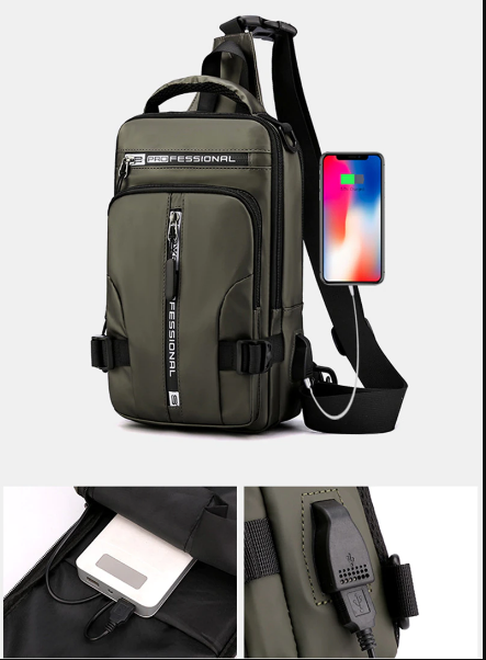 Compacte heren schoudertas met USB oplaadpoort, waterbestendig nylon, veelzijdig voor reizen en outdoor.