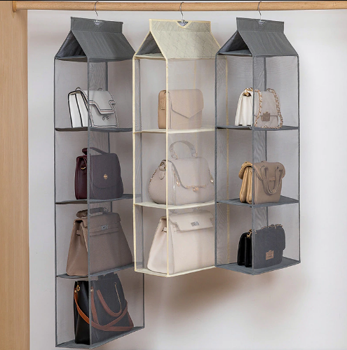 Hangende tas organizer met 6 ruime vakken, perfect voor het opbergen van uw favoriete handtassen.