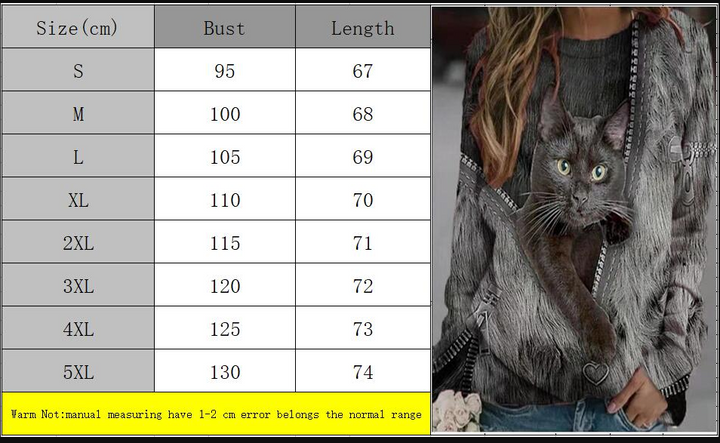 Dames trendy sweater met realistische 3D kattenprint. Ideaal voor casual lente/herfst mode en comfortabele stijl.