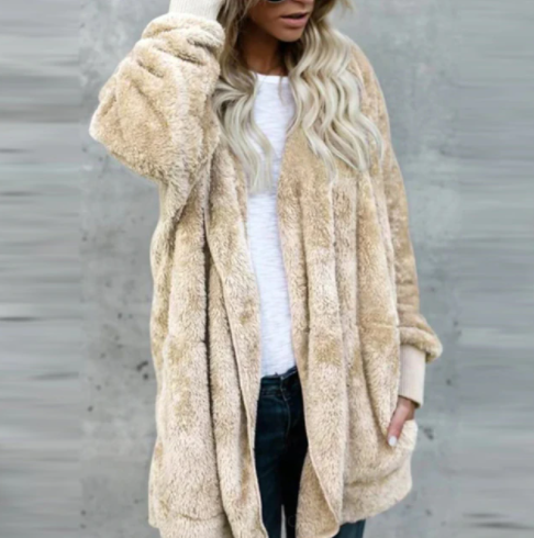 Zacht pluche lang vest voor dames; comfortabel en elegant voor winter en herfst. Warme dames cardigan.