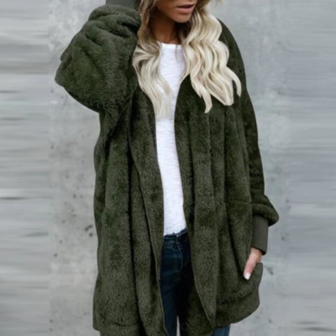 Zacht en warm pluche dames cardigan, lang model, perfect voor een stijlvolle winterlook. Comfortabele pasvorm.