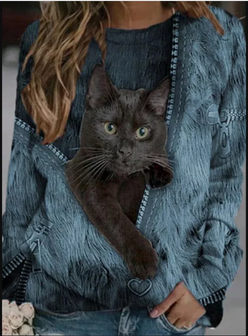 Comfortabele dames top met unieke 3D kattenprint, perfect voor een trendy casual look in de lente of herfst.