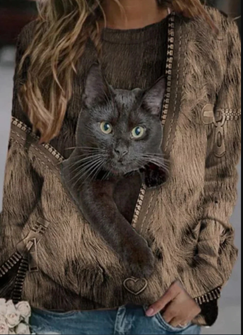 Stijlvolle dames sweater met gedetailleerde 3D kattenprint. Een trendy must-have voor kattenliefhebbers.