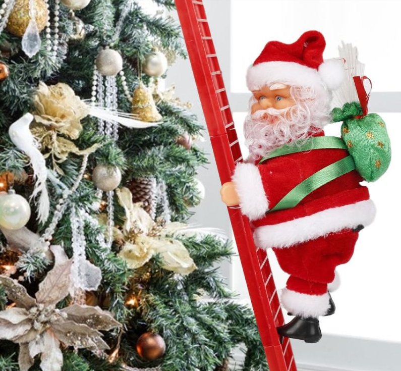 Grote bewegende klimmende Kerstman voor aan gevel of schoorsteen, sfeervolle kerstdecoratie met muziek.