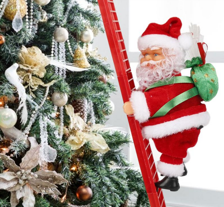 Grote bewegende klimmende Kerstman voor aan gevel of schoorsteen, sfeervolle kerstdecoratie met muziek.