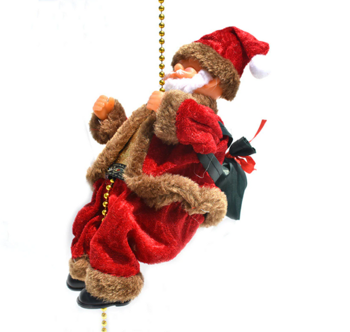 Vrolijke klimmende Kerstman met cadeautas, muzikale animatie, onmisbare kerstversiering voor thuis.