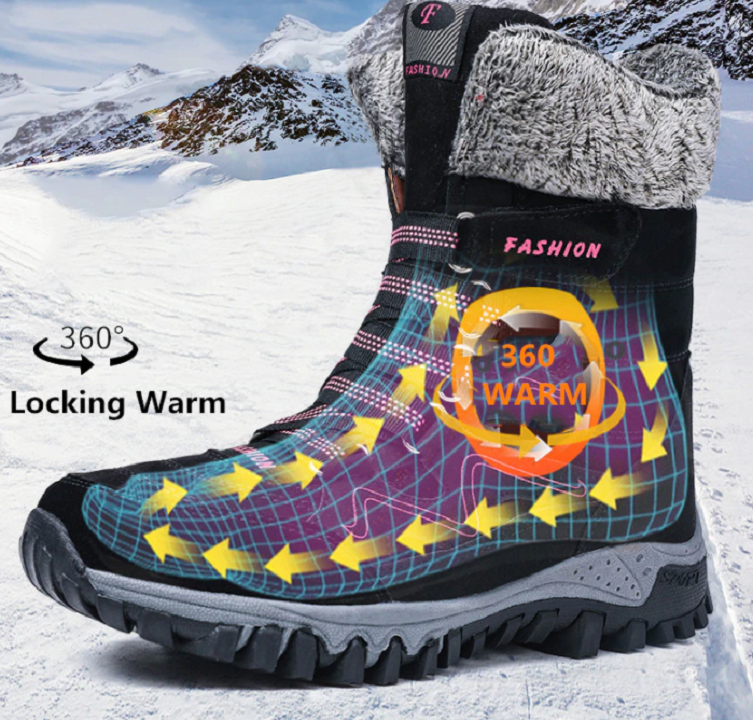 Zijaanzicht warme dames comfortlaarzen met antislipzool, elegante vrouwenschoenen voor winterse bescherming.
