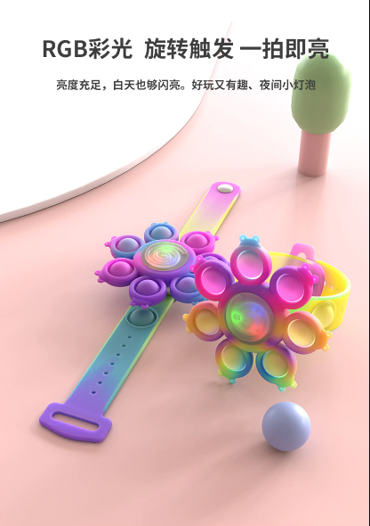 Close-up van de zachte siliconen pop bubbles op een antistress fidgetarmband.