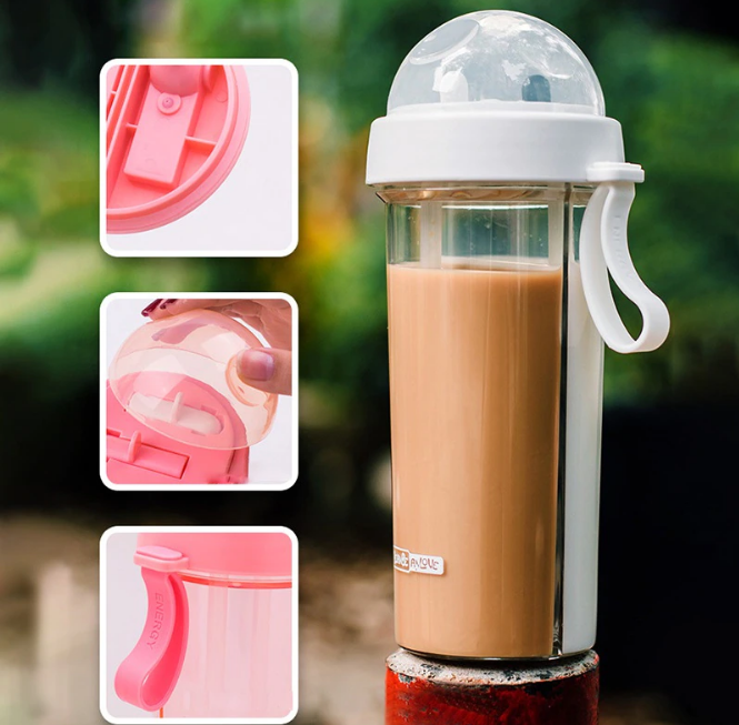 BPA-vrije draagbare waterfles met twee vakken. Houdt drankjes warm of koud; perfect voor hydratatie onderweg.