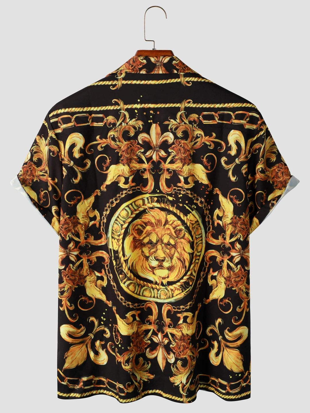 Elegant zwart heren overhemd met gouden barok print, korte mouw, ideaal party of statement shirt.