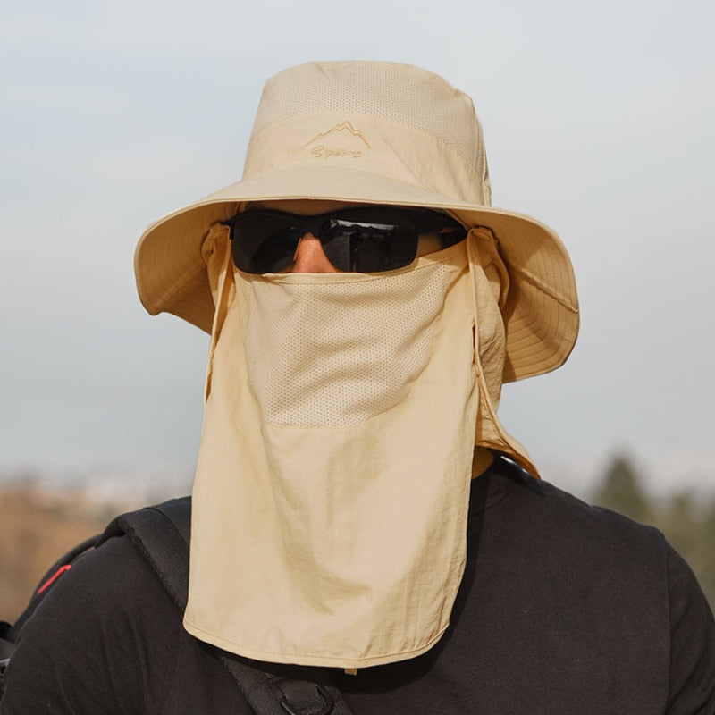 Ademende visserspet met zonneklep, nekflap en gezichtsdoek; perfect voor wandelen, kamperen en reizen.