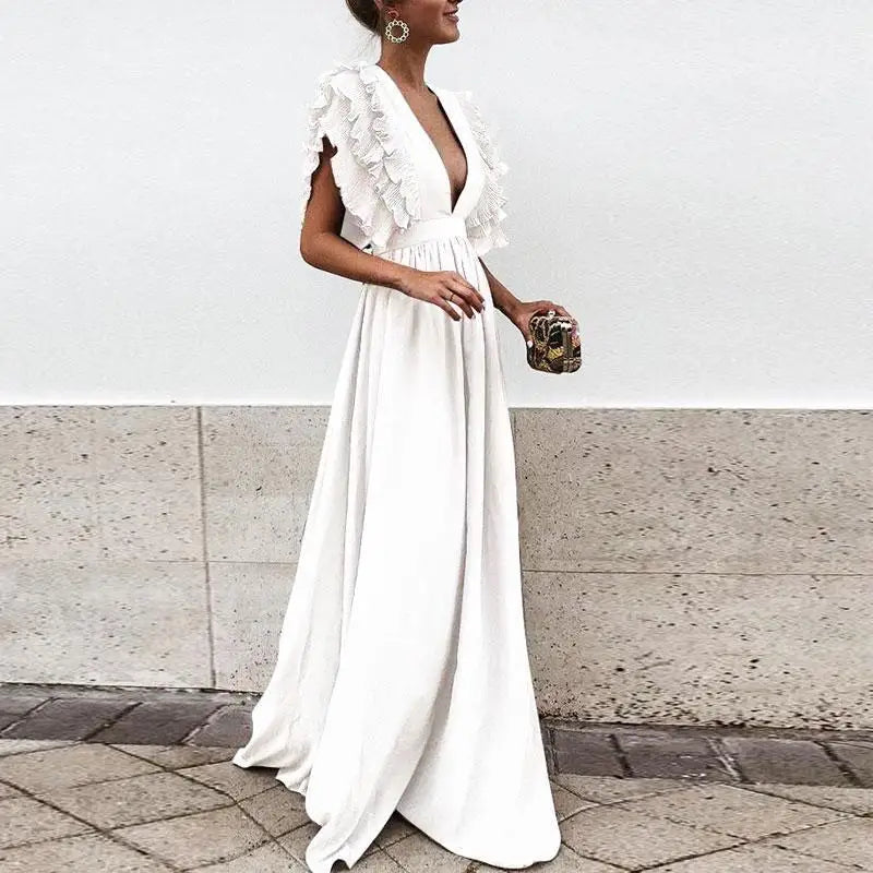 Lange gala jurk voor dames, een elegante maxi jurk met verfijnde ruches, perfect voor een feestelijke gelegenheid.