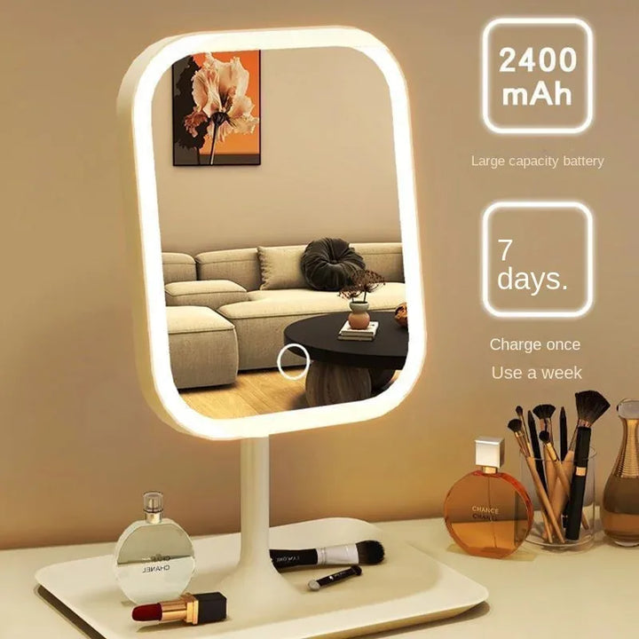 Stijlvolle LED make-up spiegel met dimbare verlichting en 3 lichtkleuren. Perfect voor slaapkamer en badkamer.