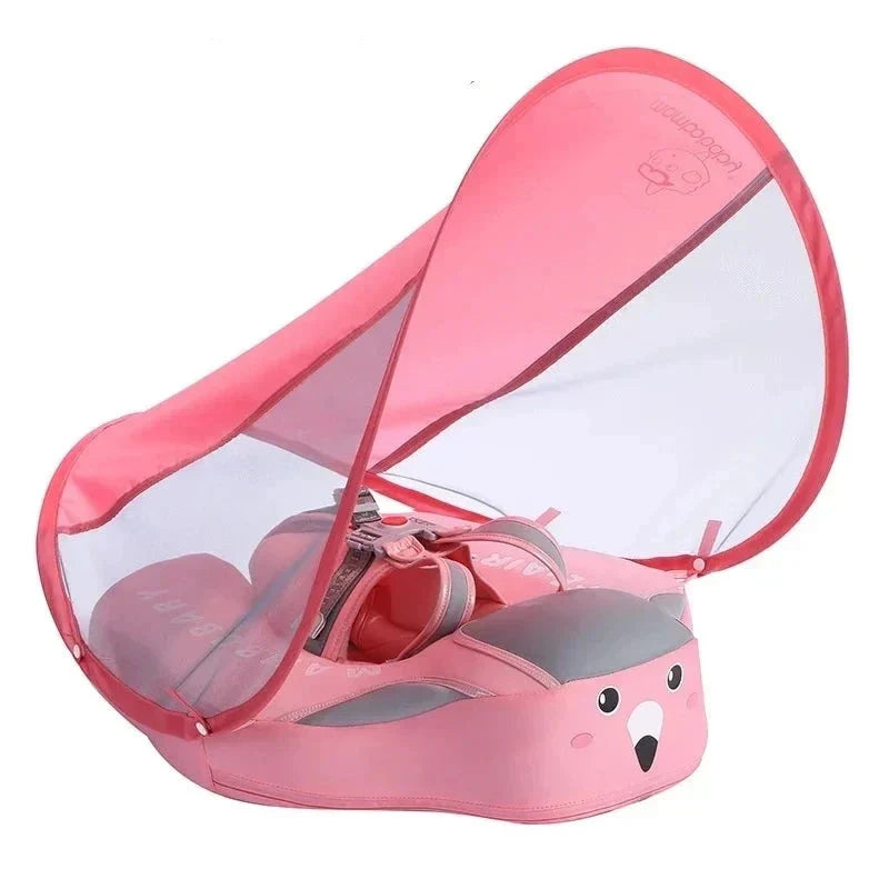 Niet-opblaasbare baby zwemtrainer met zonnescherm. Biedt UV bescherming en ondersteuning voor waterplezier.