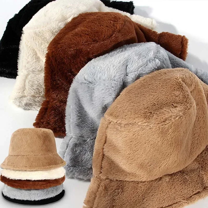 Lorna buckethat voor dames: warm, pluizig imitatiebont, perfect voor herfst en winter.